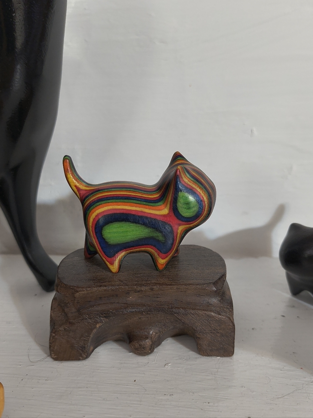 Wooden Miniature hand carved cat statue figurine kitty Multi color, tail up - Picture 5 of 12